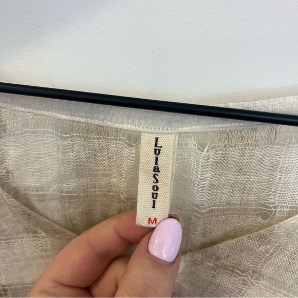 Lula Soul Linen Checkered Lightweight V-neck Poncho with fringe Size Medium - Picture 11 of 15